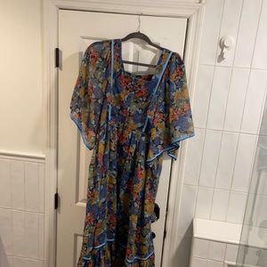 Multicolored floral black red blue yellow Long floorlength dress 70s vibes